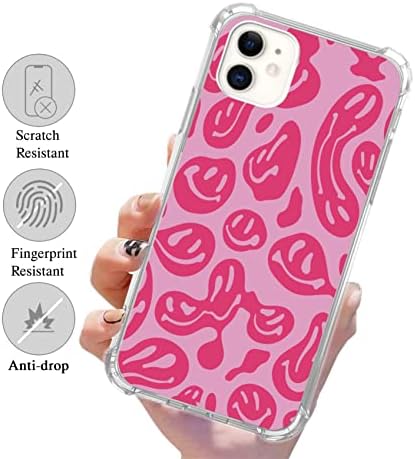 Опсбинез естетска розова трипи насмевка на лицето Компатибилен со iPhone 11, ретро гроздобер хипи топење насмеано куќиште на лице за
