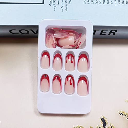 24 парчиња за Ноќта на вештерките на ноктите кратки хорор крвави лажни нокти црвени француски совети нокти лажни нокти со дизајн