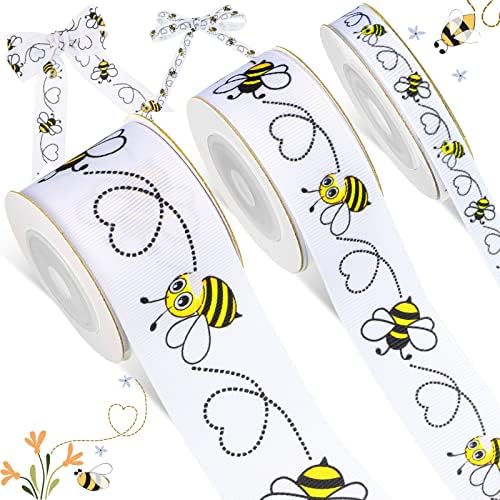 Bumblebee Grosgrain Ribbon 3 Rolls 0,4 инчи 0,87 инчи 1,5 инчи Bumble Bee Ribbon Grosgrain ткаенина лента Пчела Декоративна лента за подароци