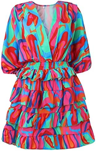 Летни фустани на Adhowbew за жени 2023 V вратот Флорална 3/4 ракав фустан на плажа плус големина Обични модни облеки за одмор