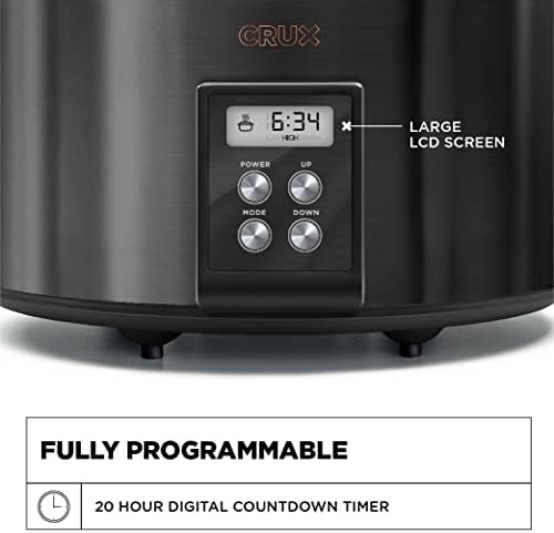 Crux со 6-кварт дигитален програмибилен бавен шпорет и потопла храна со прилагодлива температура и безбеден капак за машина за миење садови,