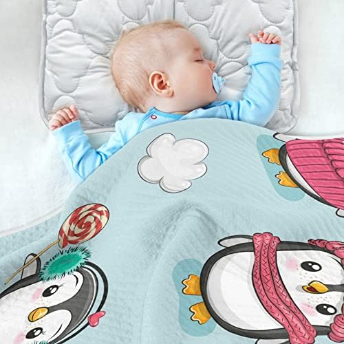Swaddle Claute Carting Cartoon Penguins памучно ќебе за новороденчиња, примање ќебе, лесен меко висино ќебе за креветчето, шетач,