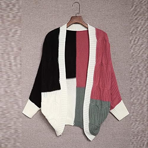 Женски џемпери за ракав за кодки за ракав гроздобер кабел плетена боја блок отворена предна кардиганска јакна со палто за надворешна облека
