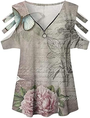 Тинејџерски девојки надвор од маицата со рамо кратки ракави 2023 памук vneck zip up графички принт цветни врвни маици за жени