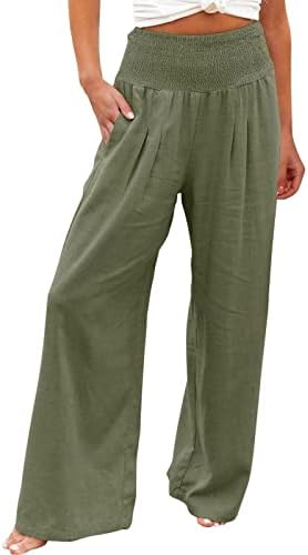 Панталони од iaqnaocc за жени, удобни памучни постелнини широки панталони со високи половини со џебови