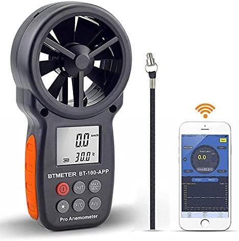 Btmeter BT-100App Анемометар w/безжичен Bluetooth, дигитален мерач на брзина на ветер за ветер, брзина на воздухот, температура, мерач