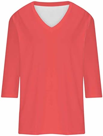 Женски летни кошули 2023 фустани обични туники врвови 3/4 ракави против маички со вратот светла класична блуза со должина на лактот со