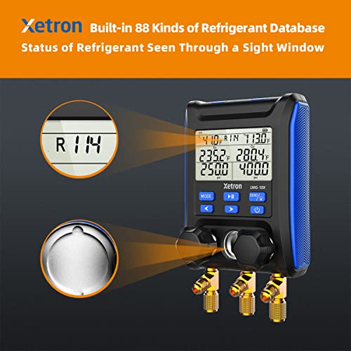 Xetron HVAC Digital Monifold Gauge 1/4 SAE, 2 жични сонди за прицврстување на температурата, температура на компензација, висока/ниска странична