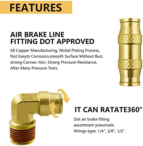 Асортиман на фитинзи на линијата на сопирачките на точката, 33 парчиња месинг на воздушни фитинзи, 1/4 3/8 1/2 притисок за поврзување на фитинзи,