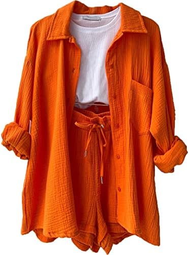 Обични облеки од 2 парчиња Paodikuai, usенски 2 парчиња, збрчкано копче со долги ракави, надолу кошула и шорцеви