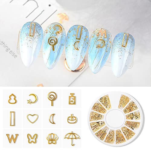 Wookoto 6 кутии златни нокти шарми за акрилни нокти matiple дизајнираат метални нокти столпчиња за нокти украси за накит за украси на