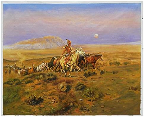 Крадците на коњите - Чарлс Расел рачно насликано репродукција на нафта, уметност во домородна американска уметност, пејзаж