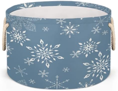 Божиќна снегулка Сина 001 Големи тркалезни корпи за корпи за перење алишта со рачки ќебе корпа за складирање за полици за бања