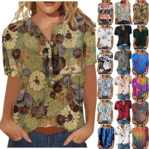 Јутарал летни врвови за жени 3/4 кратки ракави облечени обични лабави графички маички мода бохо цветни удобни маици блузи