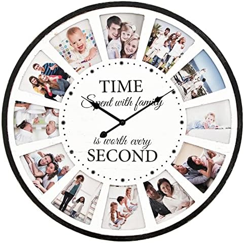 Jумбо скромен 12 фото колаж Семејство Цитат дрво wallиден часовник, рустикален wallиден часовник, голем преголем wallиден часовник за дома,