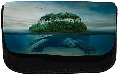 Зачудувачки подводен молив случај, желка што носи остров, торба со молив со ткаенини со двоен патент, 8,5 x 5,5, зелена сина боја