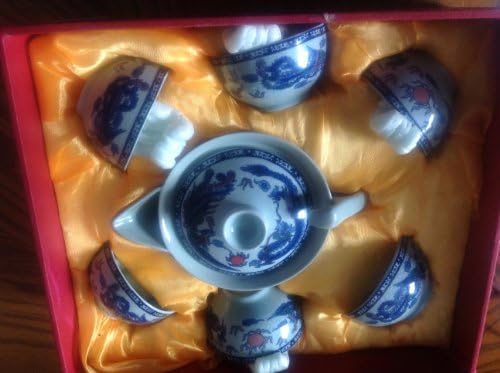 Азиски дом Исклучителен порцелански чај сет 7 компјутери w. Единствена кутија за подароци од свила