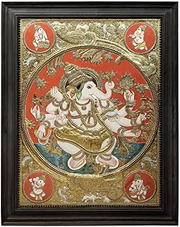 Егзотична Индија Голем Господ Танцување Ганеша Танјоре Сликање | Традиционални бои со 24к злато | Рамка од тиково дрво | Оди