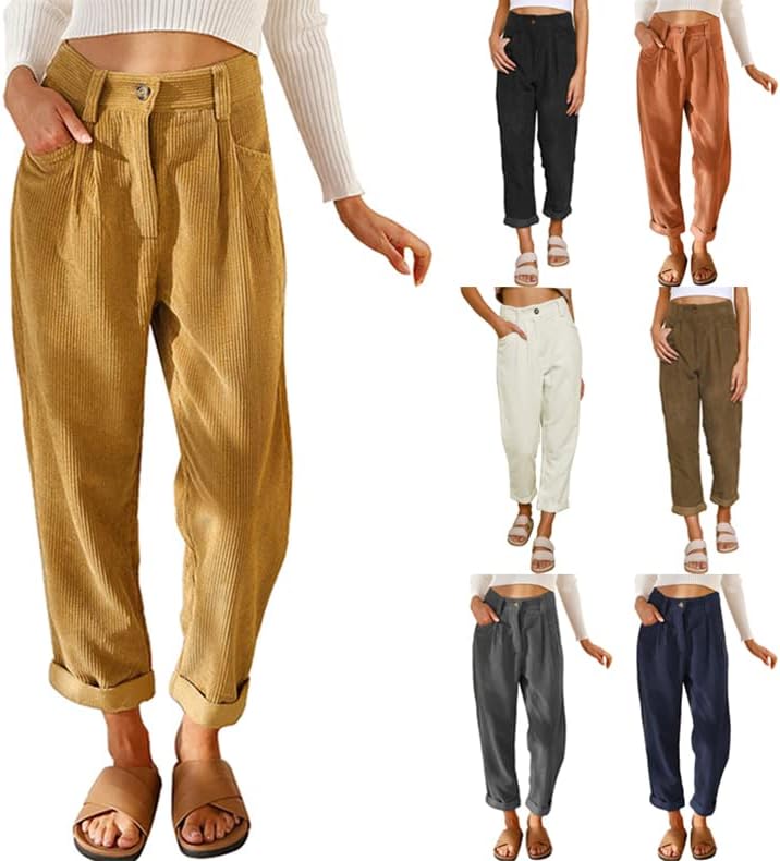 Allmloers Кордурој панталони за жени со високи половини со права нозе со џебови Обични лабави удобни панталони ， S-3XL кафеава…