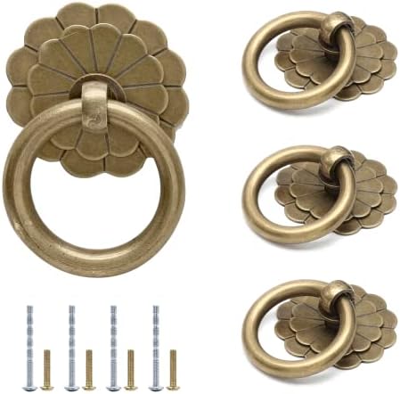 Месинг прстен од WaziaQoc 4PCS влече рачка, антички бронзени влечење прстени гроздобер декоративен прстен влече рачки за гардероба за фиоки