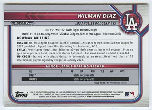 Wilman Diaz RC 2022 Bowman Chrome Properces BCP-135 Rookie NM+ -MT+ MLB Baseball Dodgers