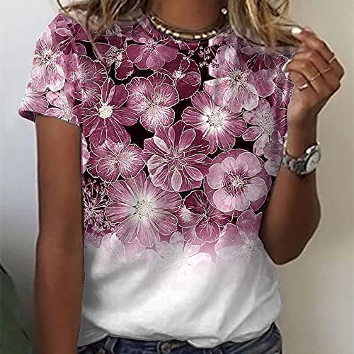2023 Пролет и лето Нов цвет печатење со кратки ракави со тркалезен врат маица обични жени блузи облека за жени