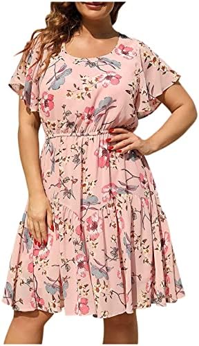 Wpoumv плус големина фустан за жени лето цветно печатење на тркалезниот врат Обичен краток ракав фустан на плажа, проток на мијалник миди фустан