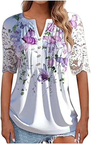 Женски летен краток ракав Туника Туника врвови лабаво вклопени плетено лежерно копче за маица до цветно печатено чипка, шупливи блузи