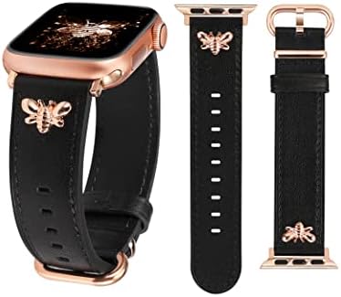 W-RARA кожни ленти компатибилни со Apple Watch Band 42mm 44mm 45mm 49мм жени, фустани кожен рачен зглоб елегантен пеперутка шарм