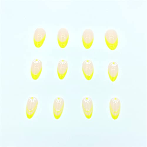 24 парчиња Флуоресцентни Цвеќиња Лажни Нокти Целосна Покривка Бадем Кратко Притискање На Ноктите Со Лепак За Жени И Девојки Нокти Уметност