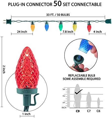 C9 LED божиќни светла Надворешно - 2 пакувања Connoctable C9 String Lights 66ft 100 LED приклучок во јагода светла, зелена жица дијамантска