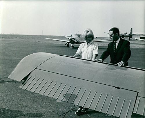 Гроздобер фотографија на Миреил Дарк со маж, гледајќи во крилото на авионот39;