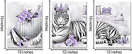 Kalormore Purple Fashion додатоци Постер елегантен глам тигар со кралица круна високи потпетици чевли парфем инлустрирачки платно за печатење