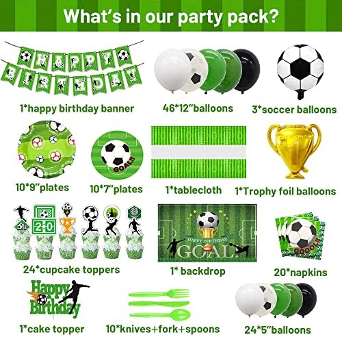 Декорации за фудбалска забава, резервни партии за роденденски забави вклучуваат фудбалски балон, среќен роденденски банер, топер за торта, чинии,
