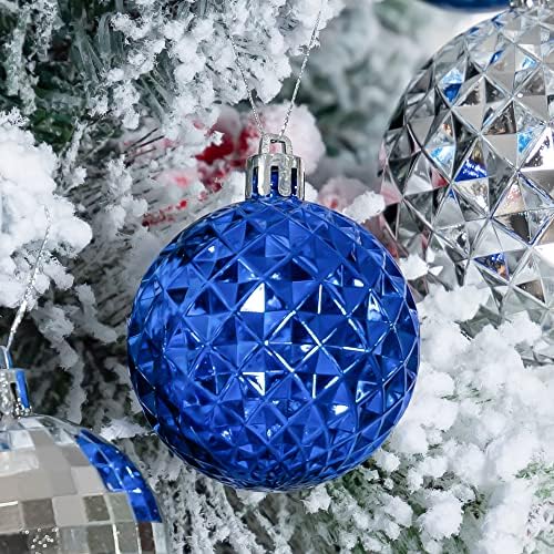 116 парчиња сини и сребрени божиќни украси за божиќни топка, избришана Божиќна висечка декорација сет со кутија за подароци, разновидни
