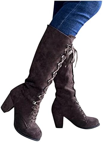 Badhub Women'sенски висока потпетица со средни чевли со телекомуникациски елегантни гроздобер факс велур чипка чизми чизми за пета, обична