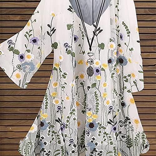 Женски летни врвови лабави вклопени 3/4 ракави блузи, обични кошули со вратот, модни цвеќиња од цвеќиња од туниќ, плус големина