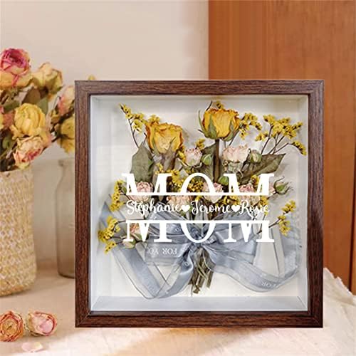 Персонализирана кутија за сенка на мама со 1-10 деца со имиња на мајки зачувана роза рамка сув цвет цветник инспирирана сенка