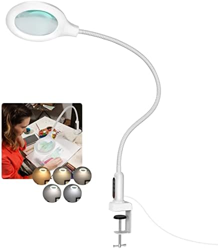 Tomsoo 26 Gooseneck Sainking Lamp со стегач, 5 режими на бои Stepless Dimmable LED биро светло со лупа, 8x вистинско стакло осветлена