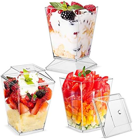 5.5oz десерт чаши со капаци и лажици, пластични чисти плоштад десерт чинии за еднократна употреба за еднократна употреба на парфејт