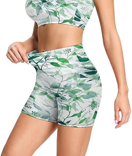 Greenенски зелени лисја ребрести тренингот јога поставува 2 парчиња облеки Беспрекорни високи половини за спортска облека за јога шорцеви