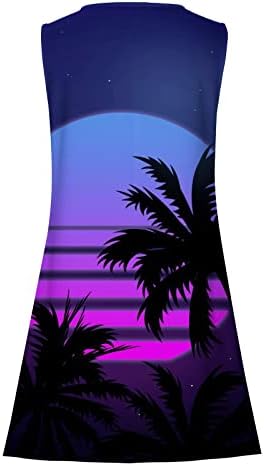 Летни фустани на wpoumv за жени плажа пејзаж печатење маичка облечена обична екипа на екипажот џеб мини резервоар за изместување
