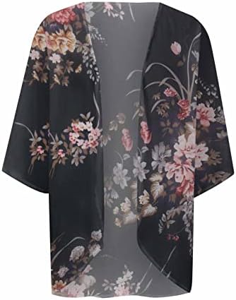 Women'sенски цветни печати шифон Кимоно кардиган 3/4 ракав лабава случајна прикриена лесна кардигани блузи врвови