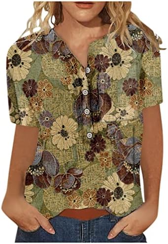 Женски врвови цветни блузи со блуза четвртина копче на хавајски кошули Краток ракав Хенли врат 2023 летен постелнина маичка