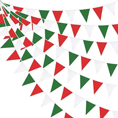 32ft Црвена Зелена Бела Банер Партија Украси Божиќ Триаголник Знаме Ткаенина Знаменце Бантинг Венец Стримери За Божиќ Х-Мас Среќни