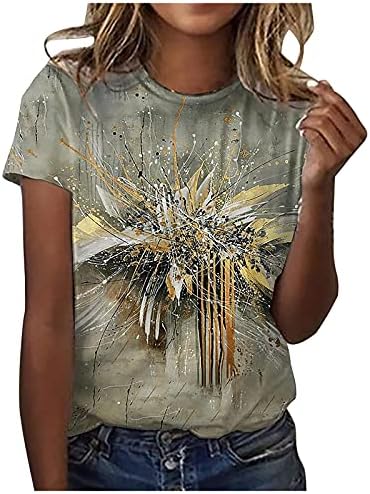 Маица за женски блузи врвови мода графити со врат печатени обични кошули со кратки ракави, пулвер лабави врвови
