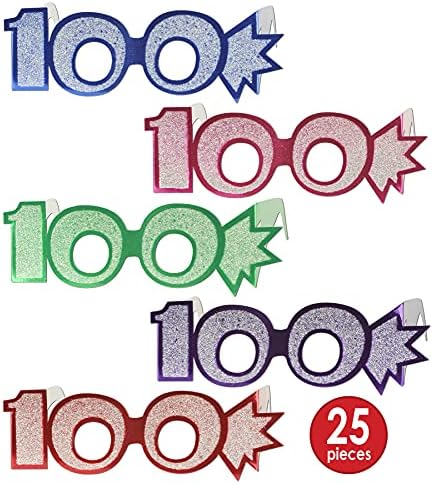 Beistle 25 PIECE ROLLOWTED FOIL FOIL „100“ очила за очите на хартија - 100 дена во училишните образовни фото -штанд за штанд - Поволности за роденденска забава