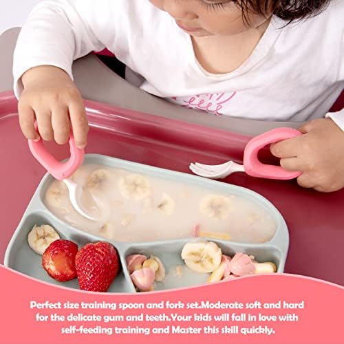 Hiwood Бебе само-хранење тренинг лажица и вилушка сет со куќиште за патувања, прибор за обука на слатки кружни деца без BPA, силиконски/апс одлично