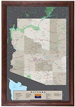 Аризона мапа за патувања со пинови со иглички - Тонирана од Земјата - Црвена рамка од цреша од дрво - 27,5 инчи x 39,5 инчи