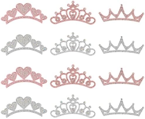 Суперфинансии 12 парчиња 3 стилови Rhinestone Crown Princess Prink Applique Patch 2 бои извезено железо на лепенка срцева круна за